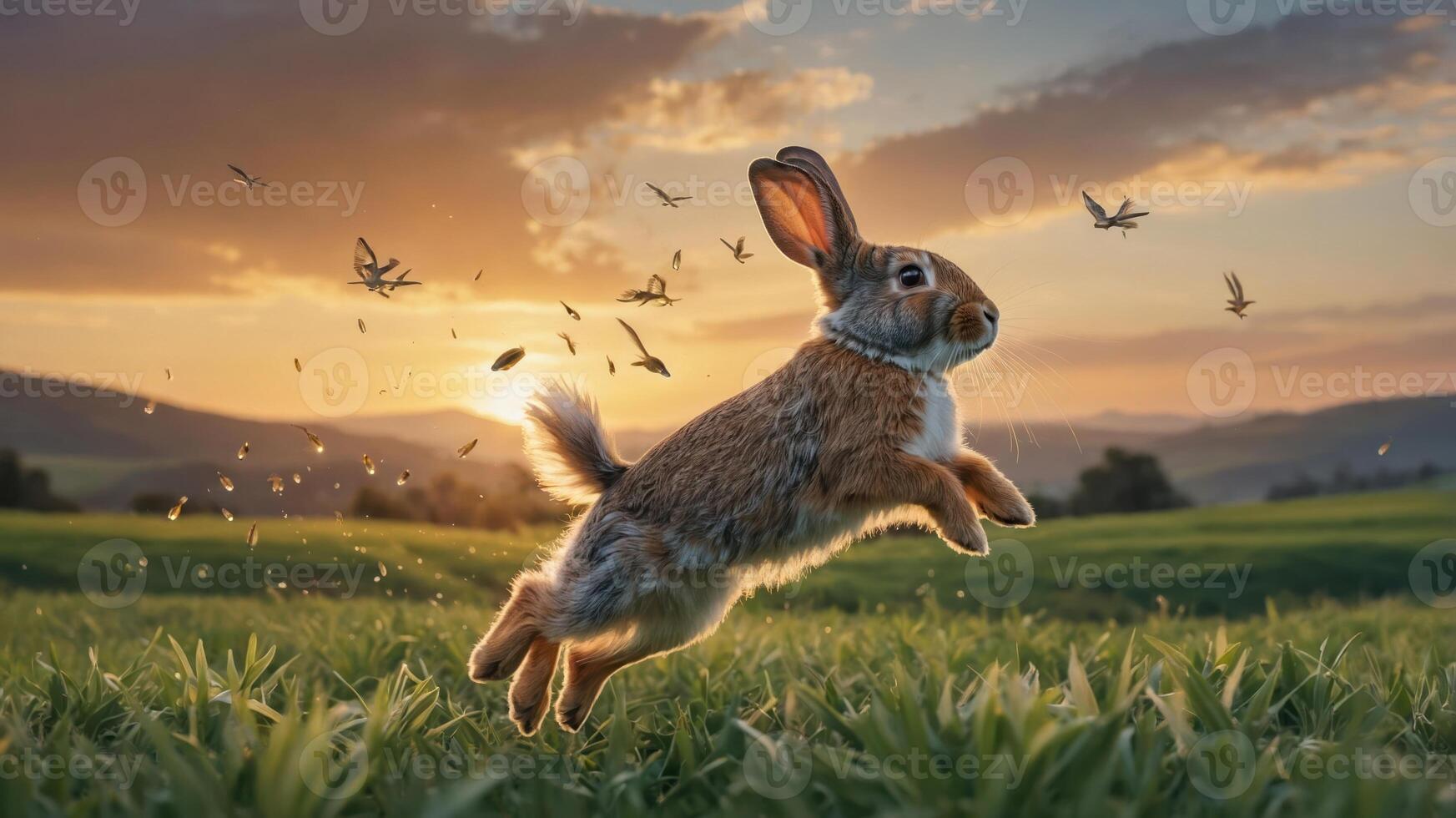 A rabbit leaps joyfully in a vibrant green field at sunset, surrounded by birds in flight. photo