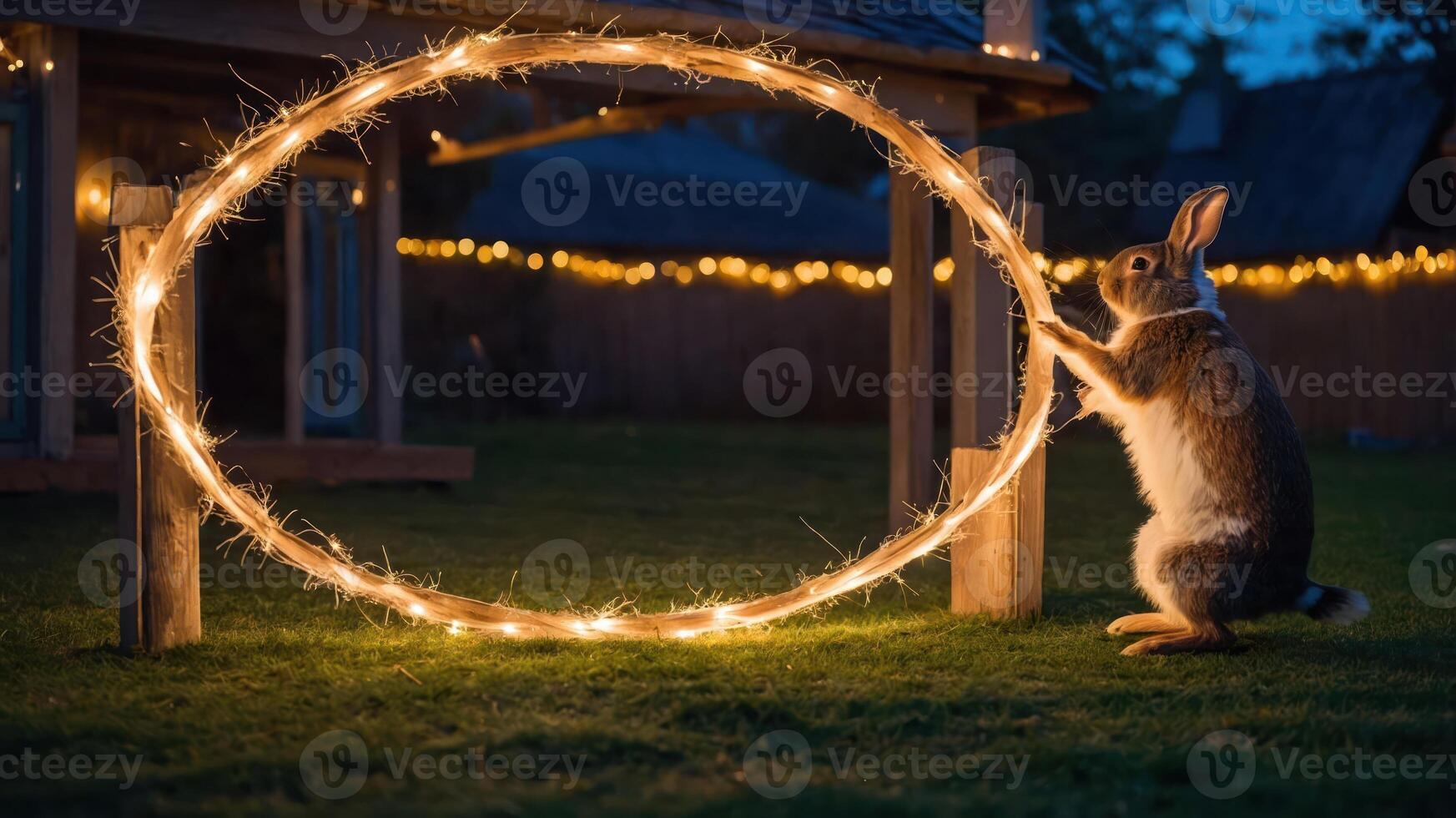 A rabbit interacts with a glowing hoop in a garden setting, creating a whimsical scene. photo