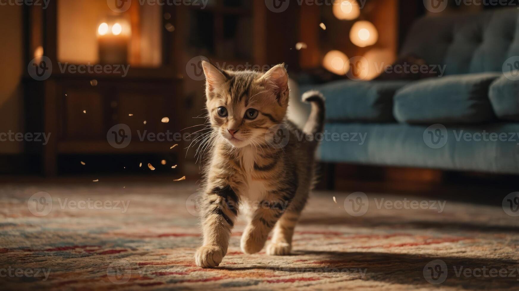 A playful kitten walks across a cozy living room carpet, with soft lighting in the background. photo