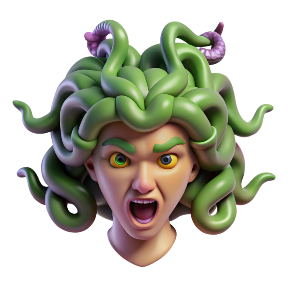 exemplary traditional A menacing medusa head, snakes writhing, NO BACKGROUND with Transparent Background. masterfully captured png