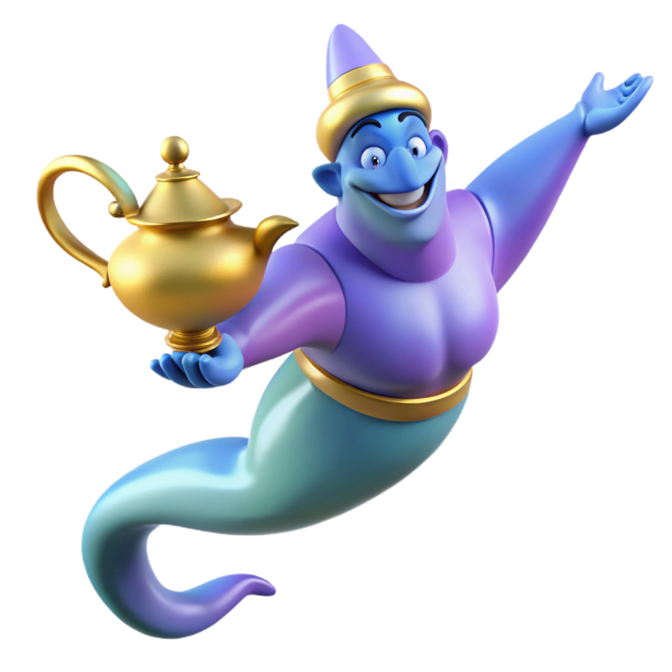 dramatic nostalgic contemporary A powerful genie, emerging from a magic lamp, NO BACKGROUND with Transparent Background. 4K png