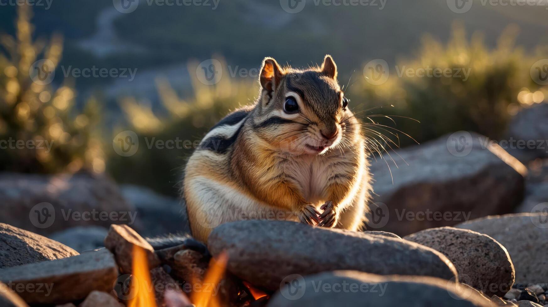 A chipmunk sits among rocks, illuminated by warm sunlight in a natural setting. photo