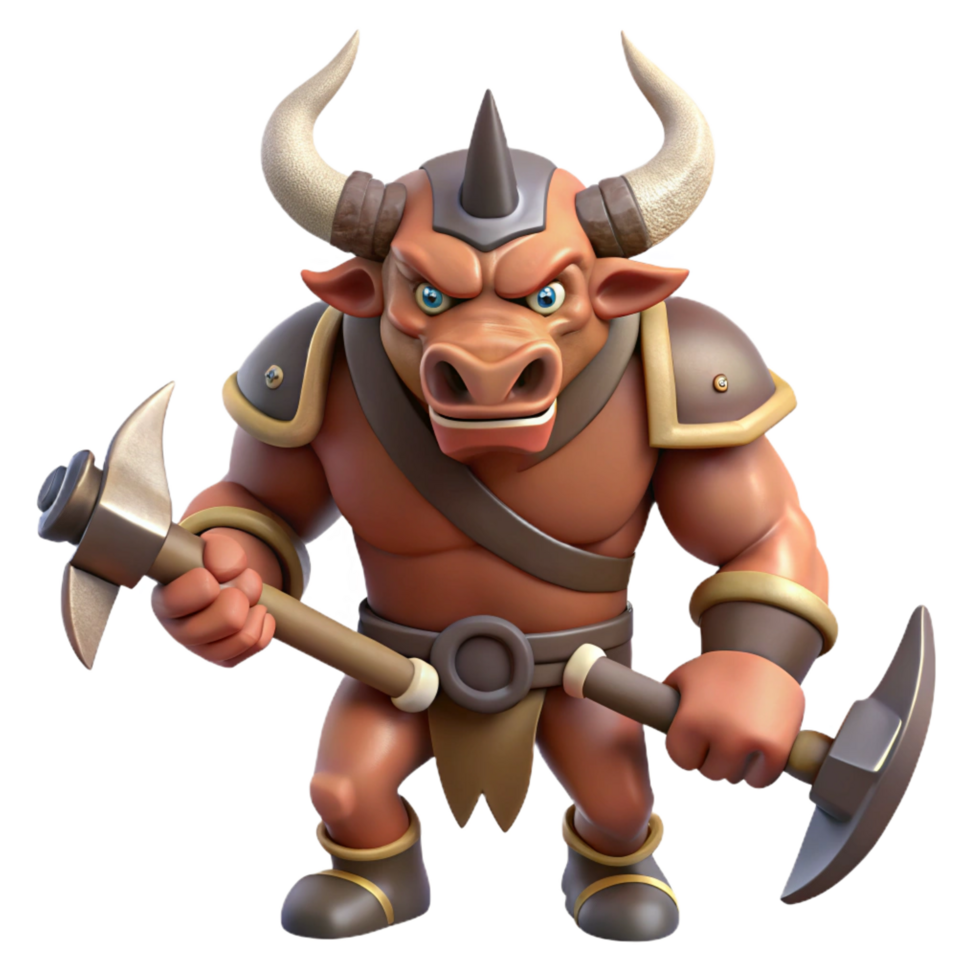 exquisite dreamy mid-century A fearsome minotaur, holding a double-headed axe, NO BACKGROUND with Transparent Background. precision png