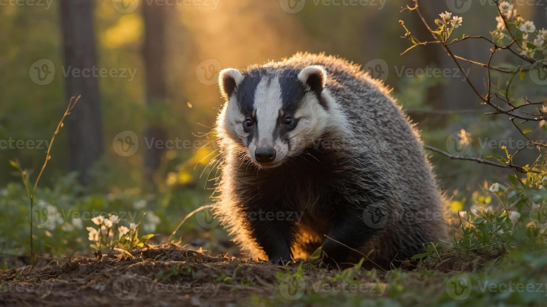 A badger stands in a sunlit forest, surrounded by flowers and soft foliage. photo
