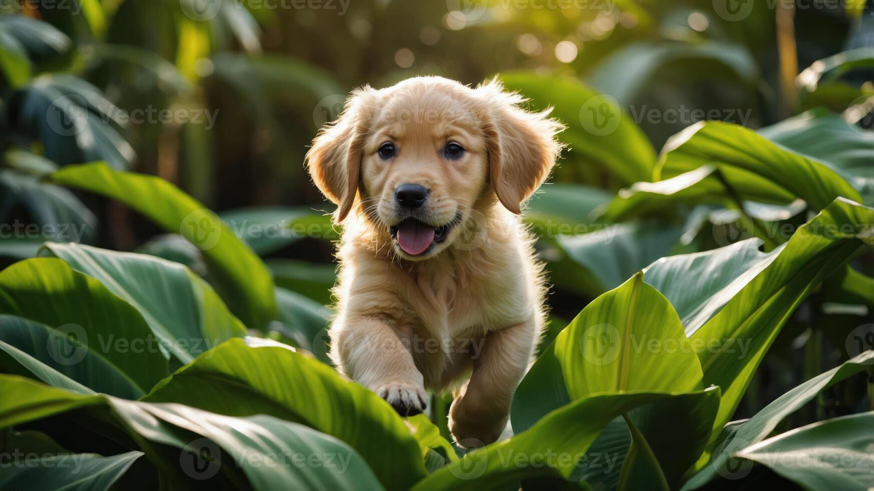 A playful golden retriever puppy joyfully leaps through lush green foliage. photo