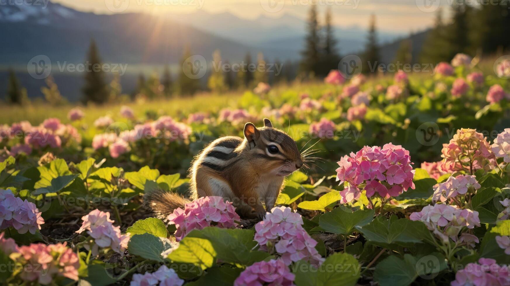 A chipmunk forages among pink flowers in a scenic mountain landscape at sunset. photo