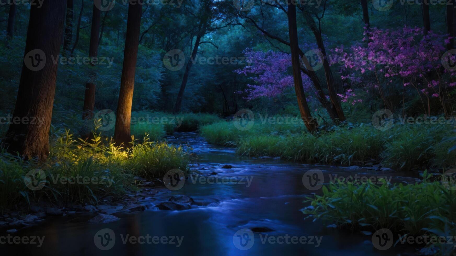 A serene night scene of a forest with a stream, illuminated by soft light and blooming flowers. photo