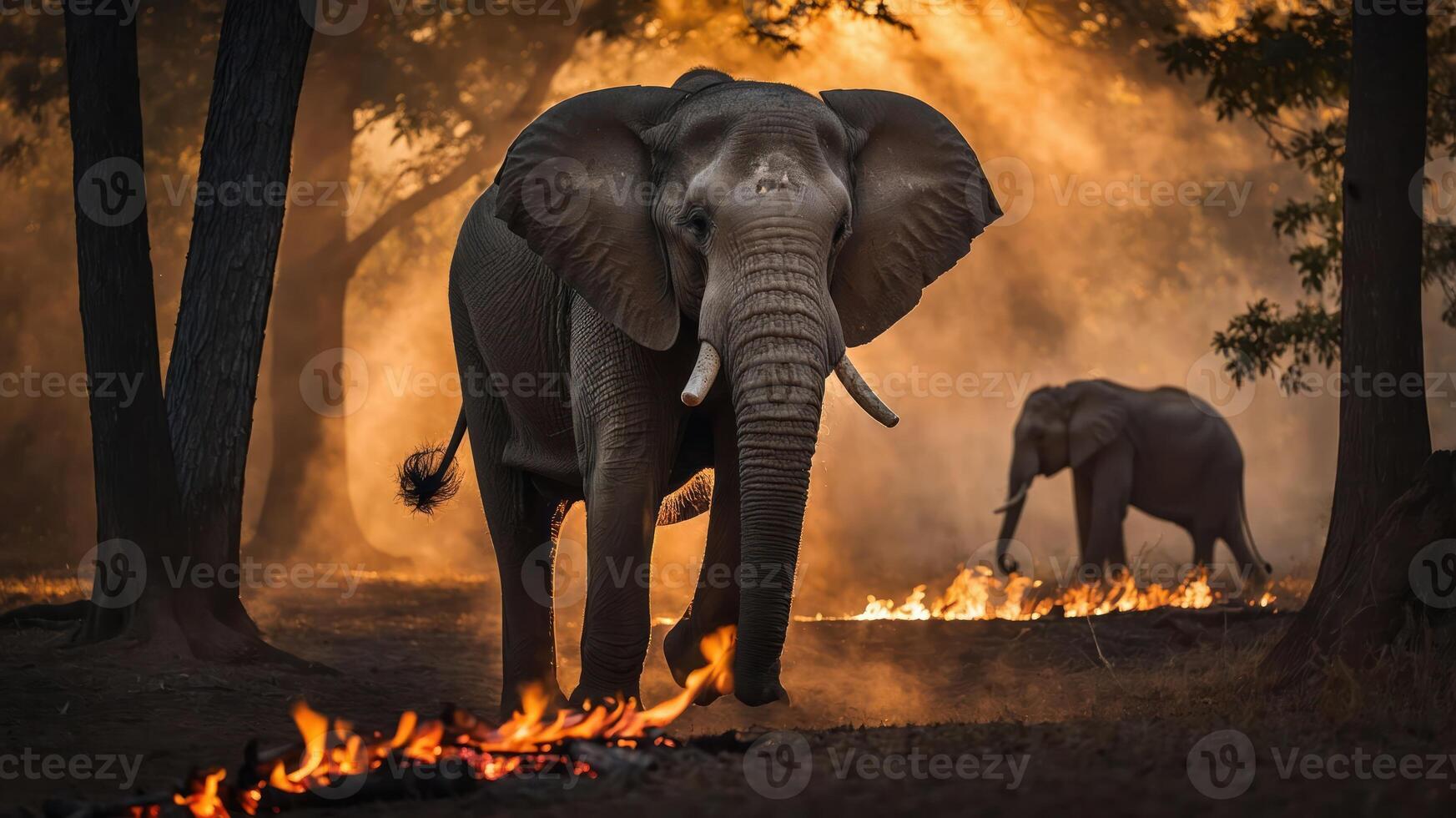 Elephants navigating through a smoky forest with flames in the background. photo