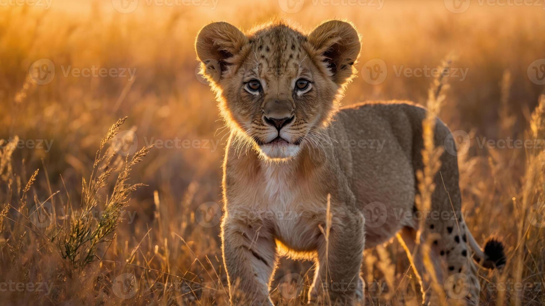 A young lion cub walks through golden grass during sunset, showcasing wildlife beauty. photo