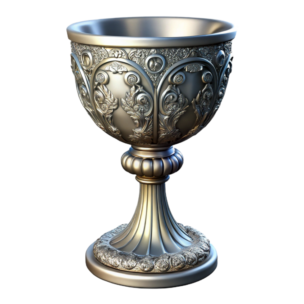 enchanting modern A single, ornate silver chalice adorned with intricate carvings. NO BACKGROUND with Transparent Background. gallery standard png