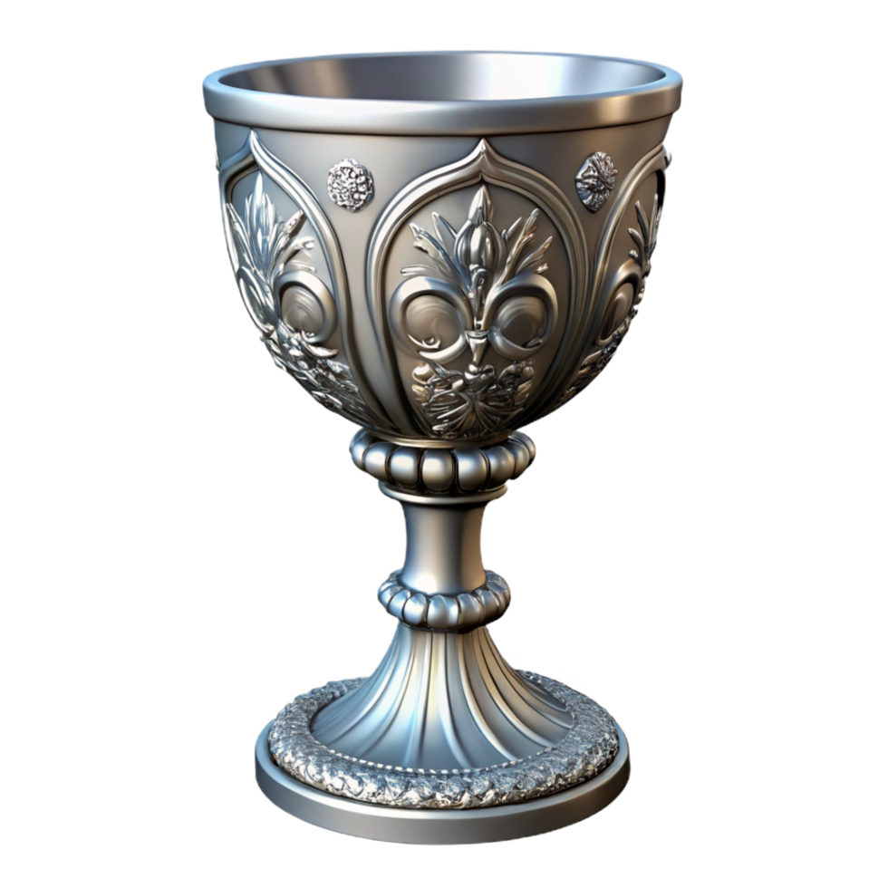 exquisite celebrated A single, ornate silver chalice adorned with intricate carvings. NO BACKGROUND with Transparent Background. png