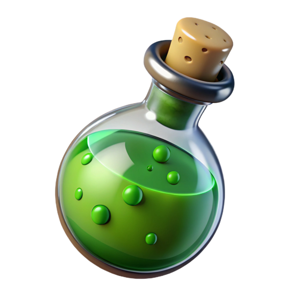 fascinating futuristic A magical potion bottle filled with bubbling green liquid. NO BACKGROUND with Transparent Background. refined png
