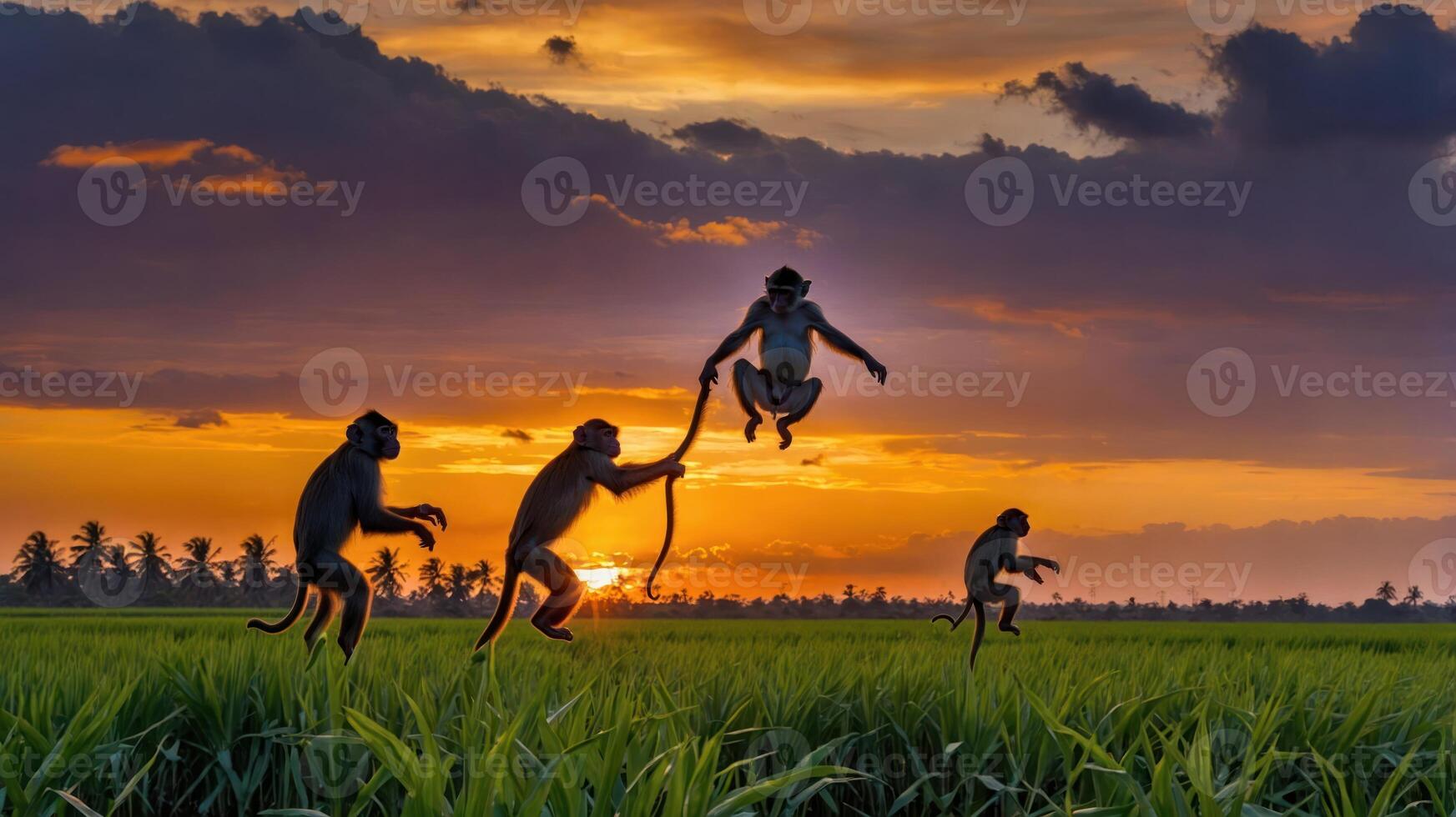 Monkeys playfully jumping in a rice field at sunset, showcasing nature's vibrant beauty. photo