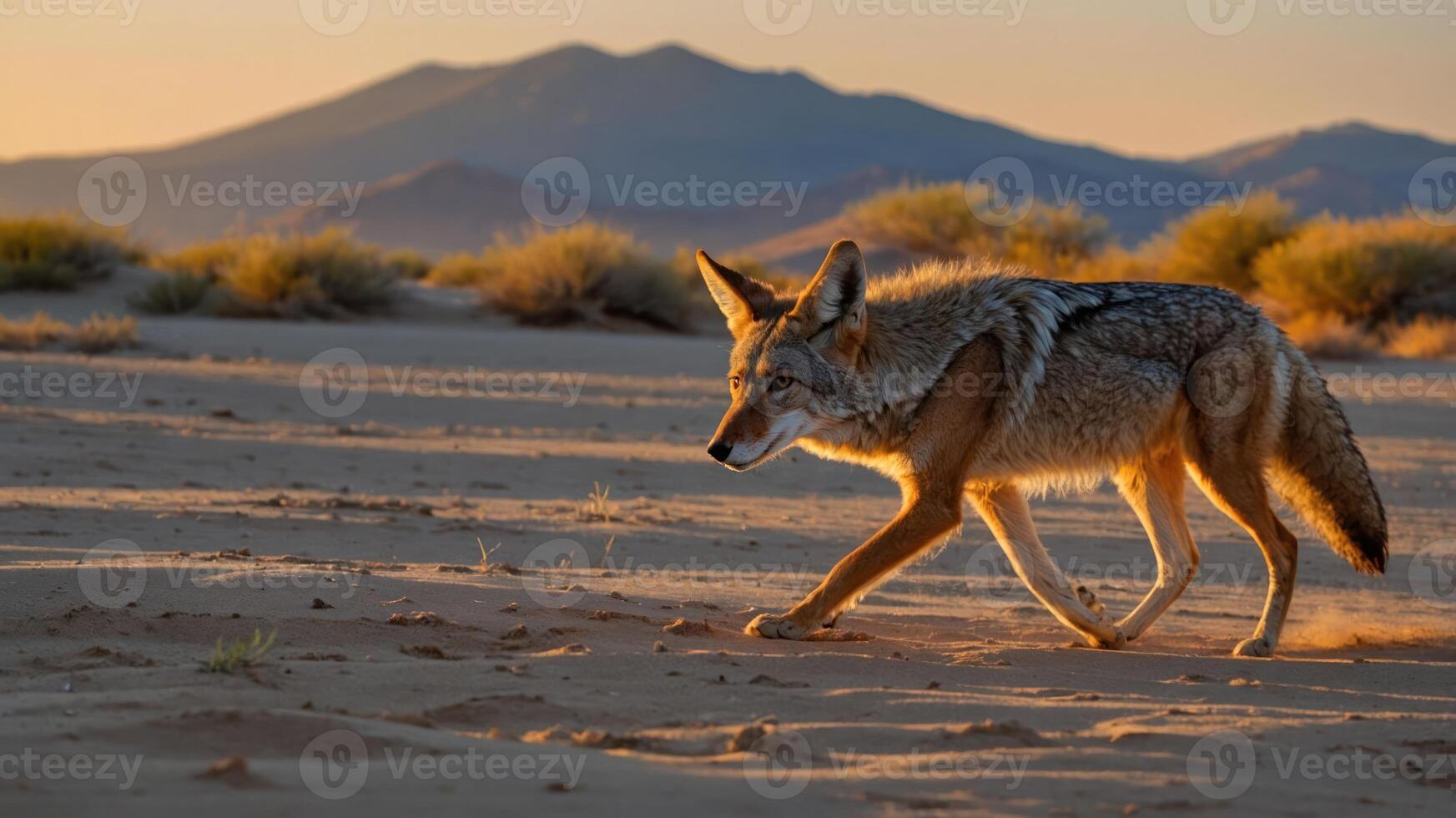A coyote walking through a sandy desert landscape at sunset, with mountains in the background. photo