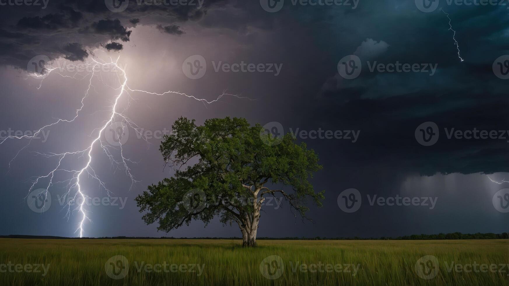 A dramatic lightning storm over a solitary tree in an open field, capturing nature's power. photo