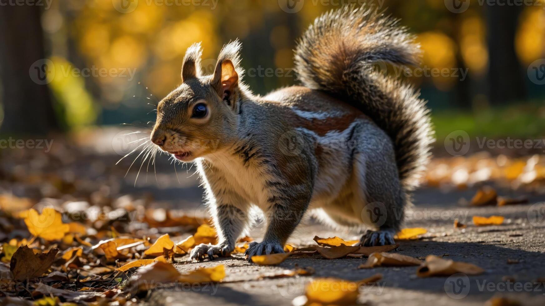 A squirrel forages on a path covered with autumn leaves, illuminated by soft sunlight. photo