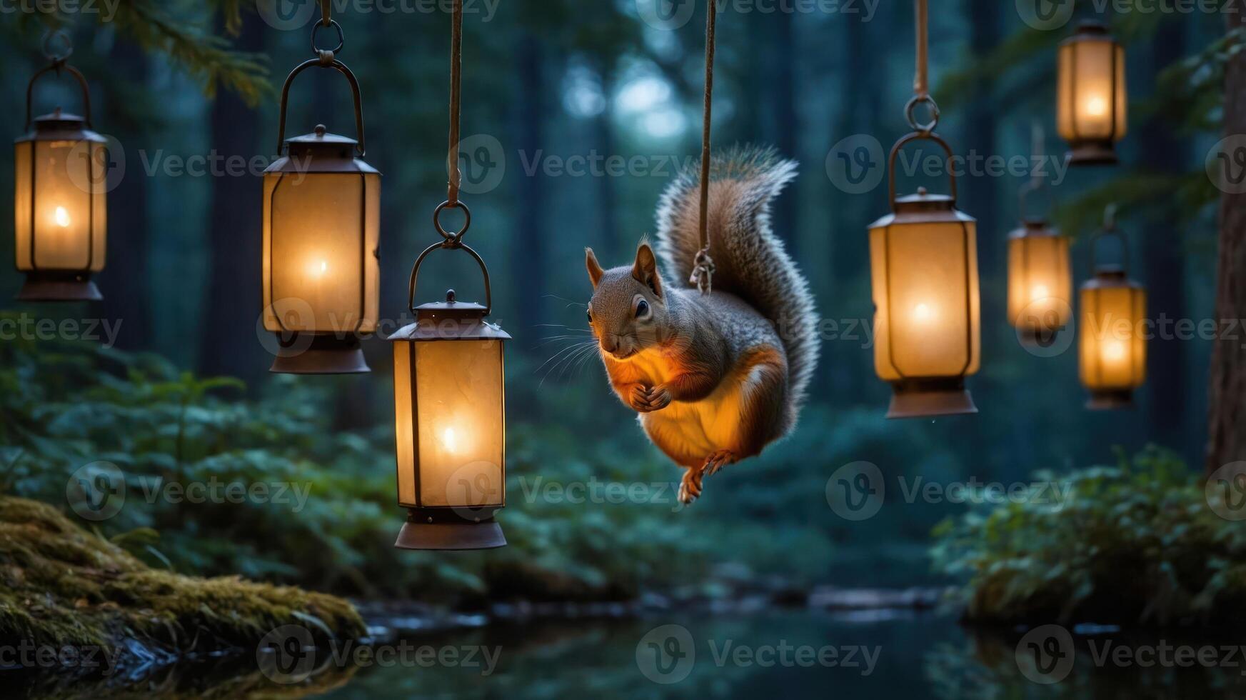 A squirrel hangs near glowing lanterns in a serene forest setting. photo