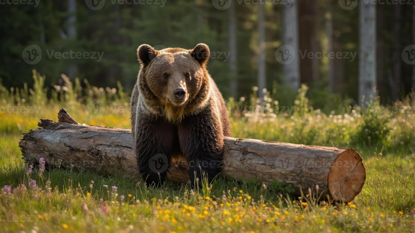 A bear resting on a log in a lush forest setting during golden hour. photo