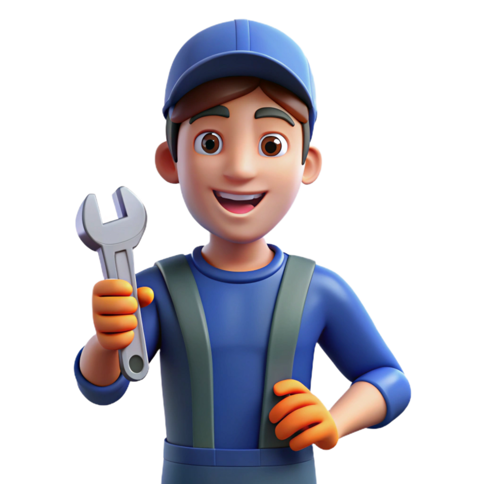 extraordinary calm retro Mechanic holding a wrench NO BACKGROUND with Transparent Background. 8K png