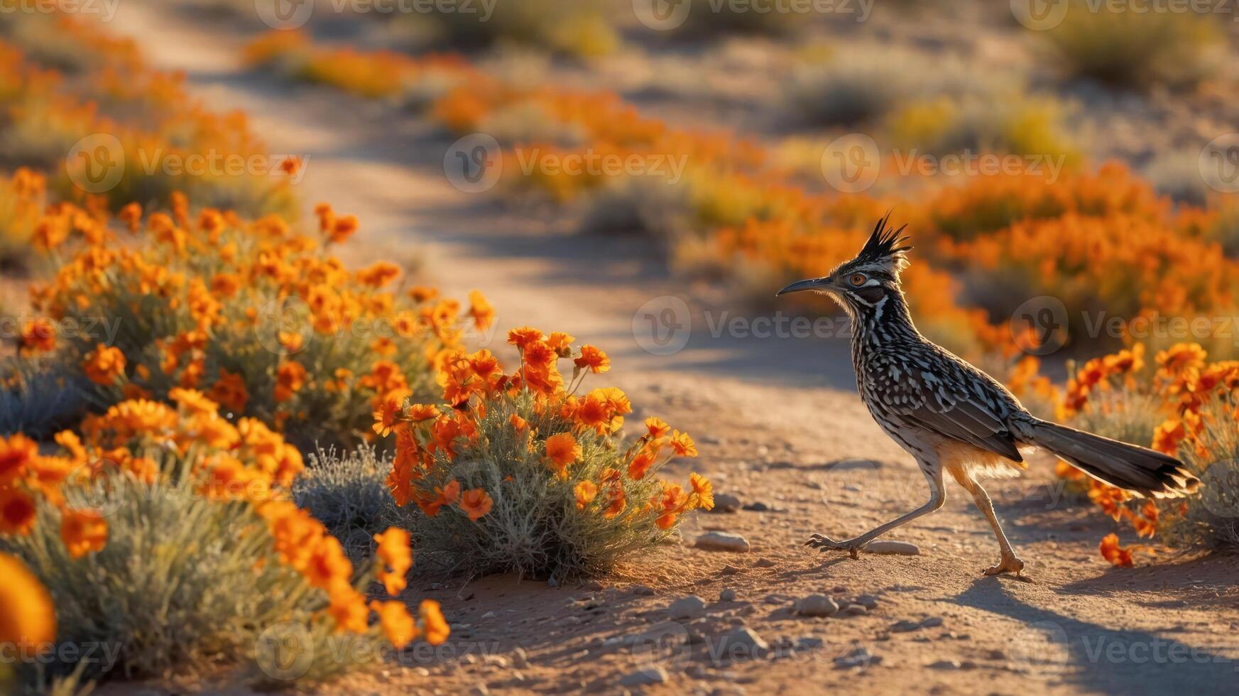 A bird walks along a path surrounded by vibrant orange flowers in a desert landscape. photo