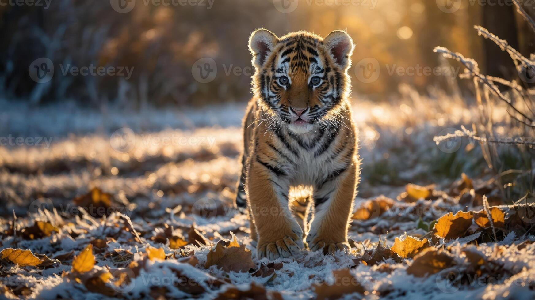 A young tiger walks through a snowy landscape, surrounded by autumn leaves and soft sunlight. photo