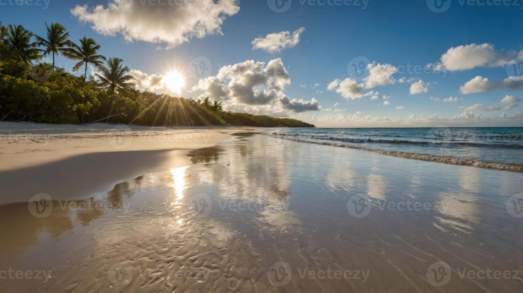 Serene beach scene with sun setting behind palm trees and reflections on wet sand. photo