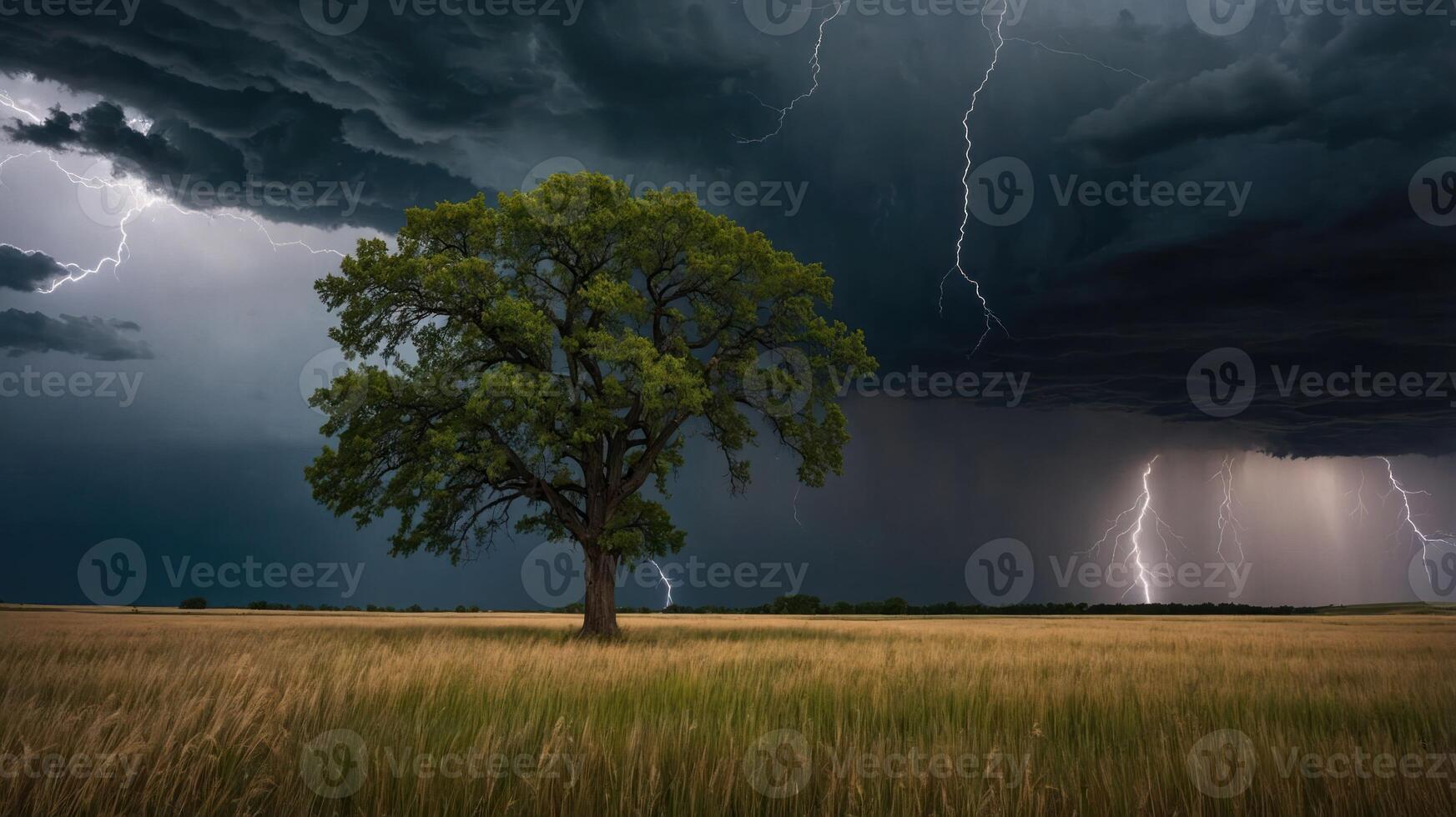 A dramatic storm scene featuring a solitary tree amidst dark clouds and lightning strikes. photo