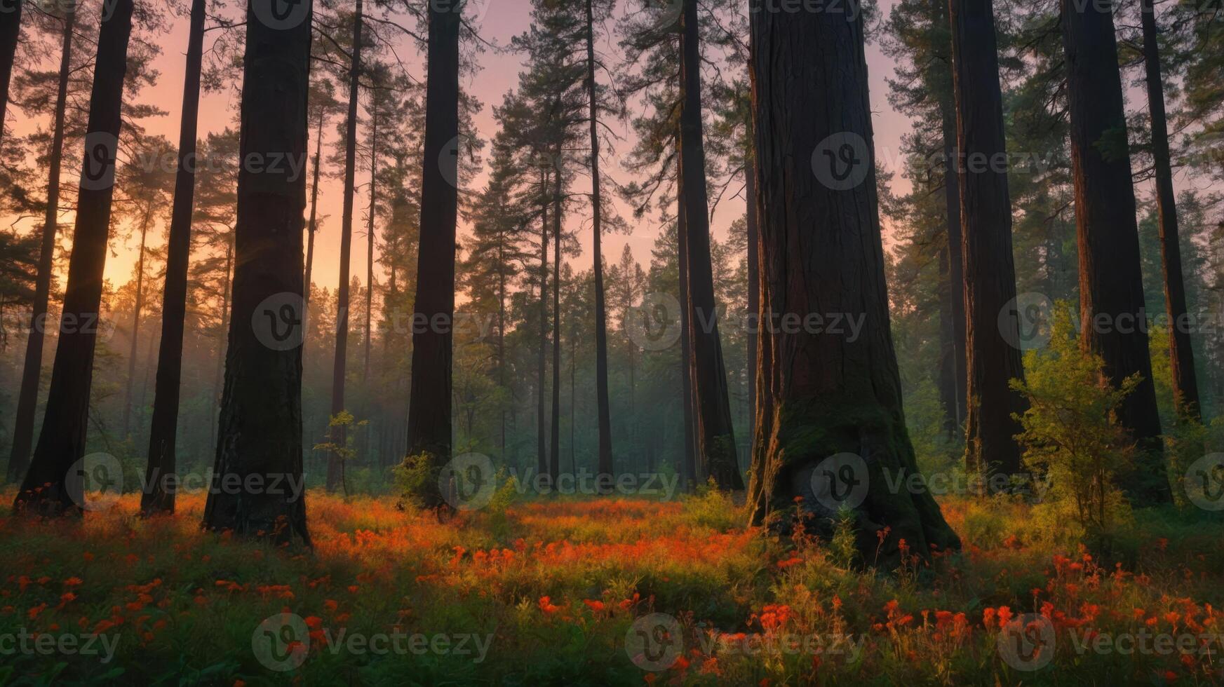 A serene forest scene at sunset, with tall trees and vibrant flowers in the foreground. photo