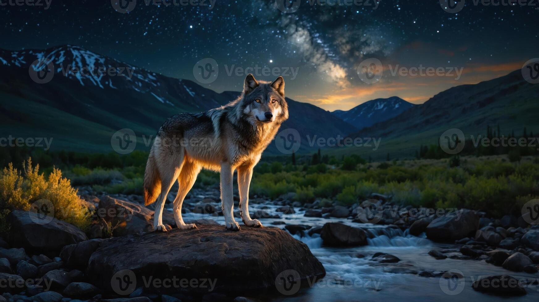 A wolf stands majestically on a rock by a stream under a starry night sky. photo