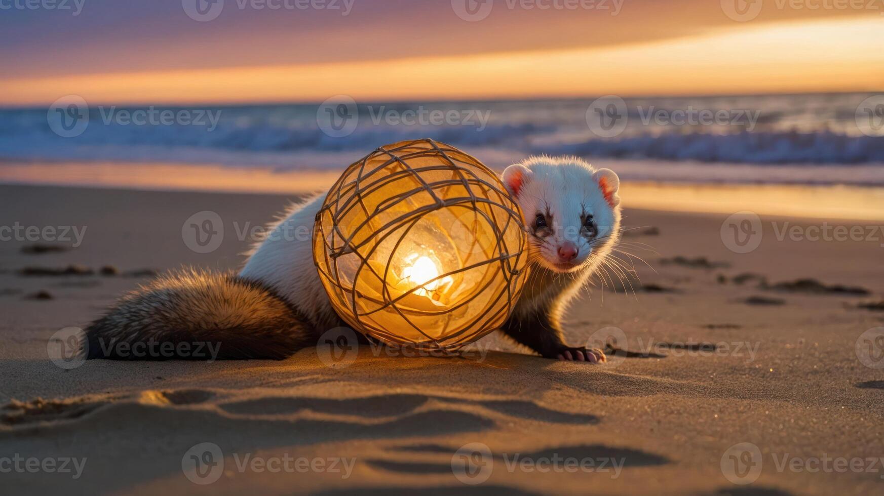 A ferret holding a glowing orb on a beach at sunset. photo