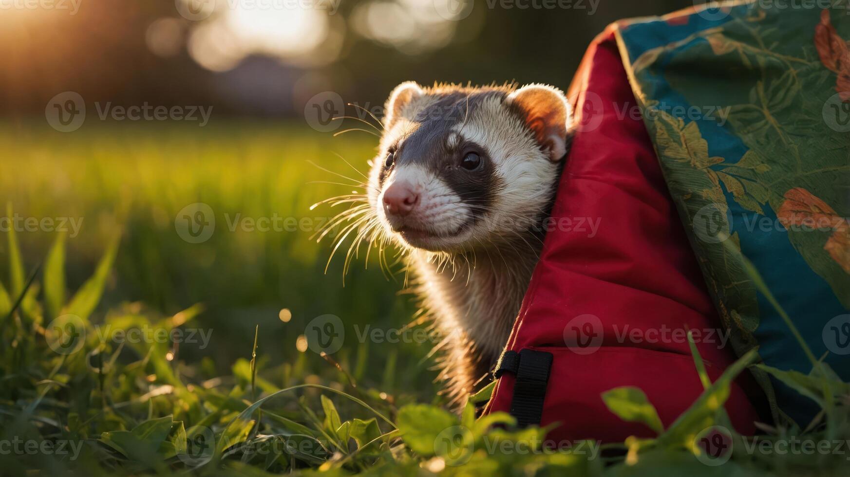 A ferret peeks out from a red bag in a sunlit grassy field. photo