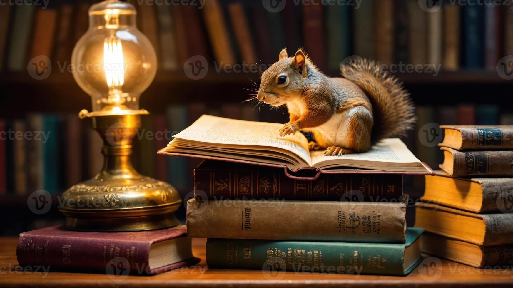 A squirrel perched on an open book surrounded by stacked books and a vintage lamp. photo
