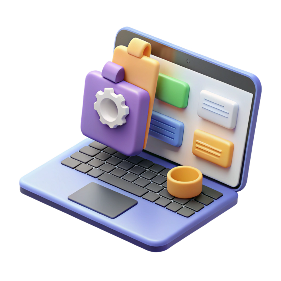 exceptional tropical Laptop with project management software open NO BACKGROUND with Transparent Background. studio quality png