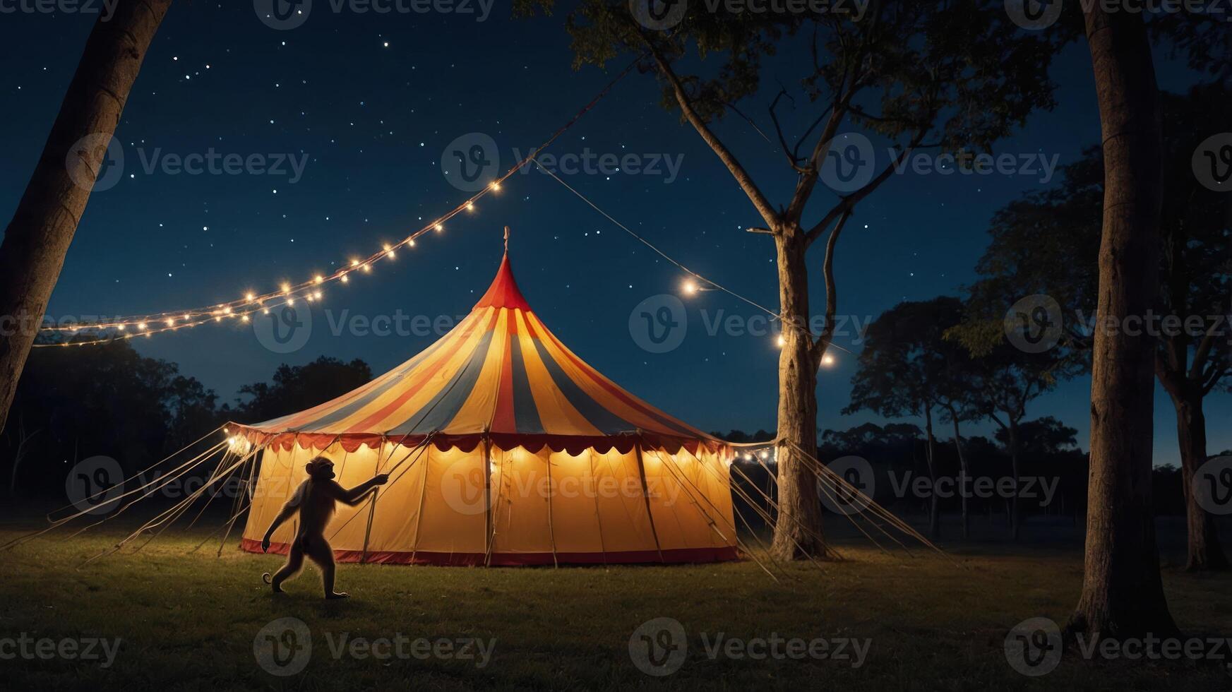 A vibrant circus tent illuminated at night under a starry sky, creating a festive atmosphere. photo