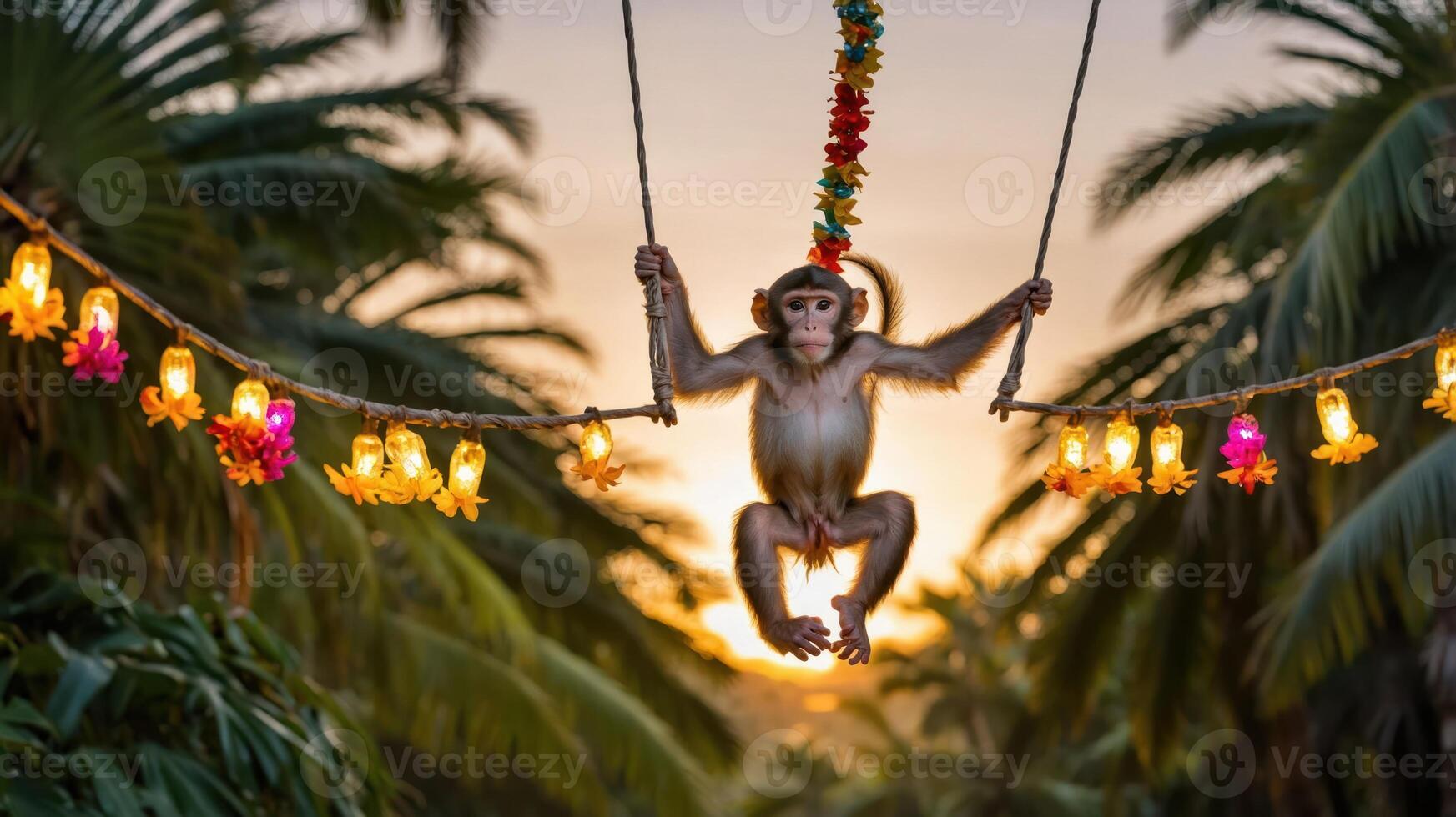 A monkey swings on a rope adorned with lights against a sunset backdrop in a tropical setting. photo