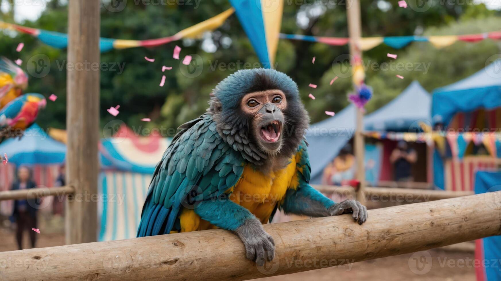 A colorful monkey perched on a log, seemingly enjoying a festive atmosphere. photo