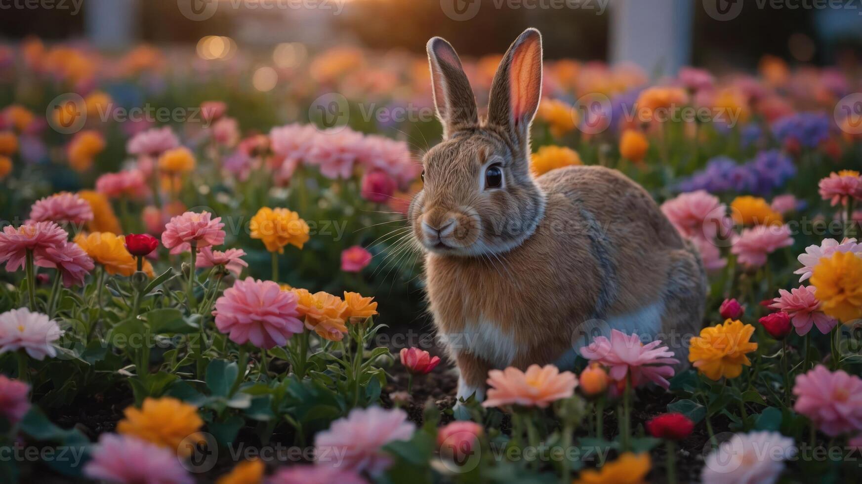 A rabbit surrounded by vibrant flowers in a beautiful garden setting. photo