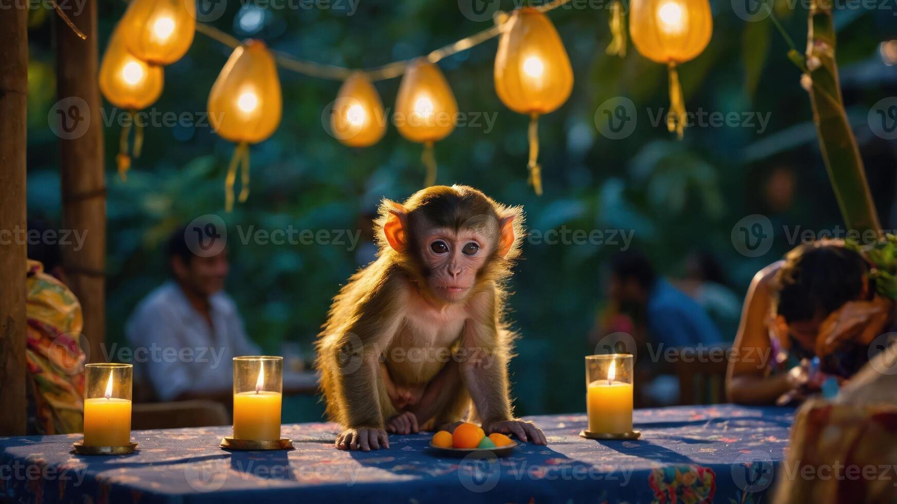 A monkey sits on a table with fruits and candles, surrounded by a lively outdoor setting. photo