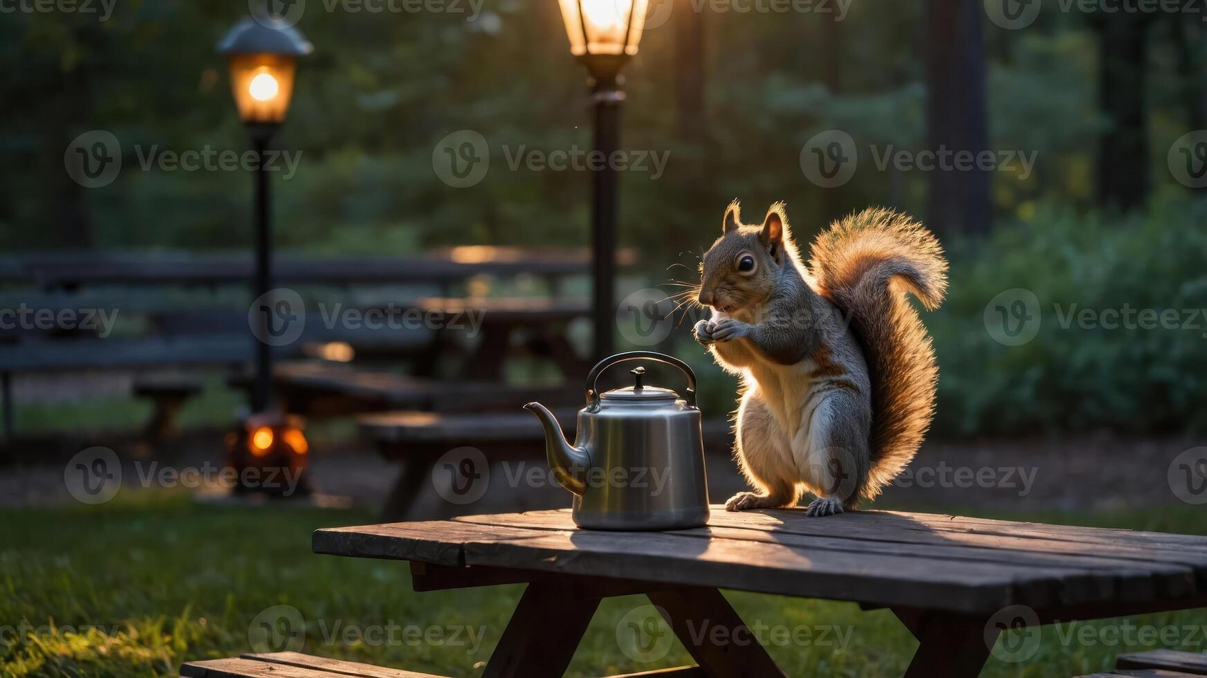 A squirrel interacts with a kettle on a picnic table in a serene park setting at sunset. photo
