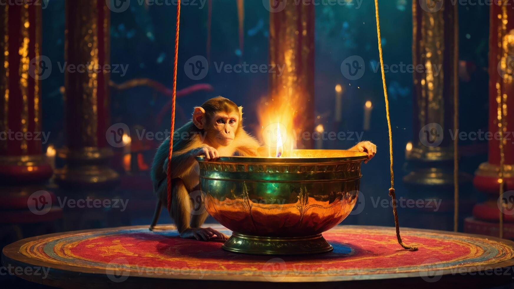 A curious monkey gazes into a glowing bowl, surrounded by an enchanting atmosphere. photo