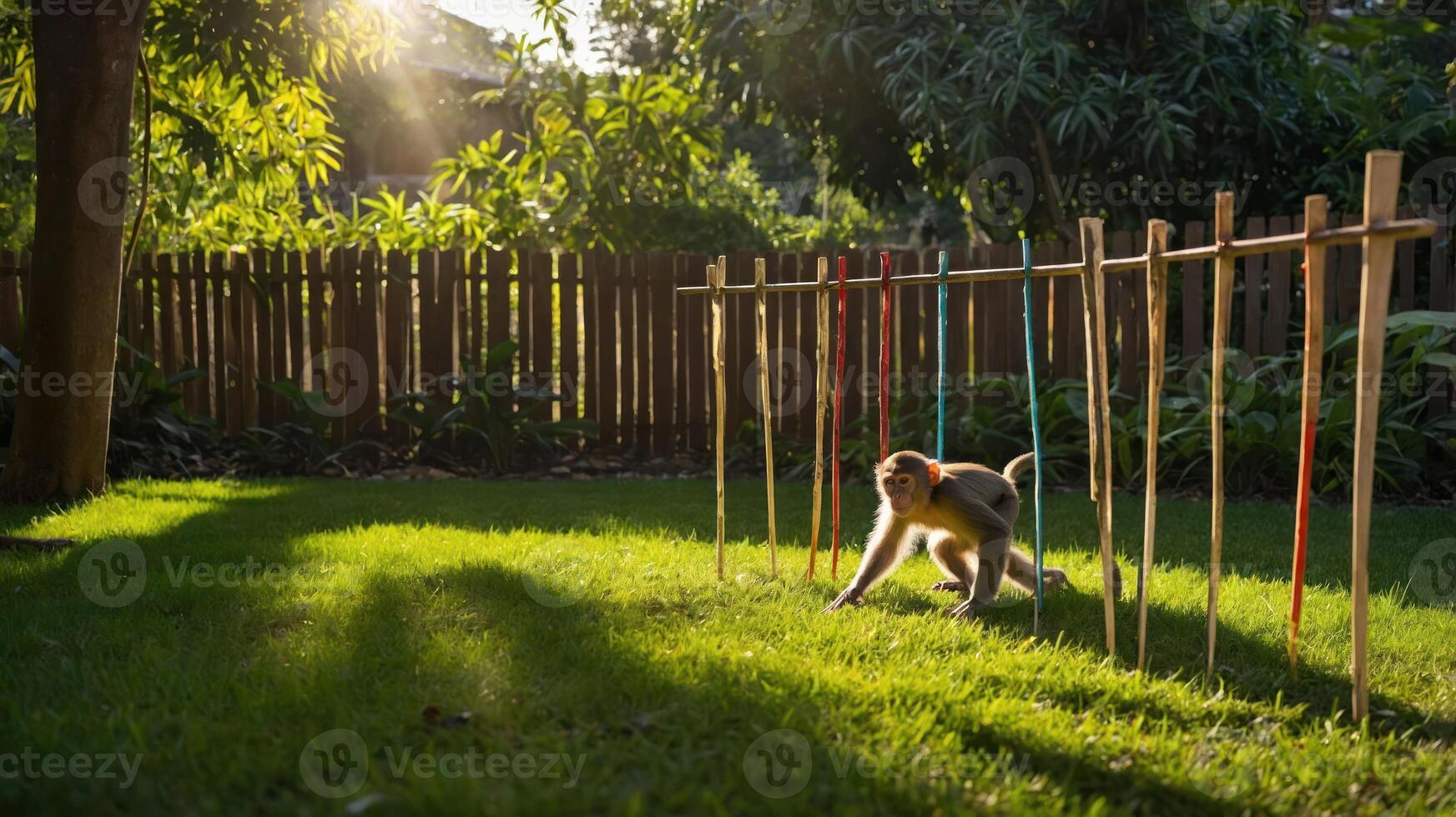 A monkey navigating a series of wooden bars in a sunlit garden. photo
