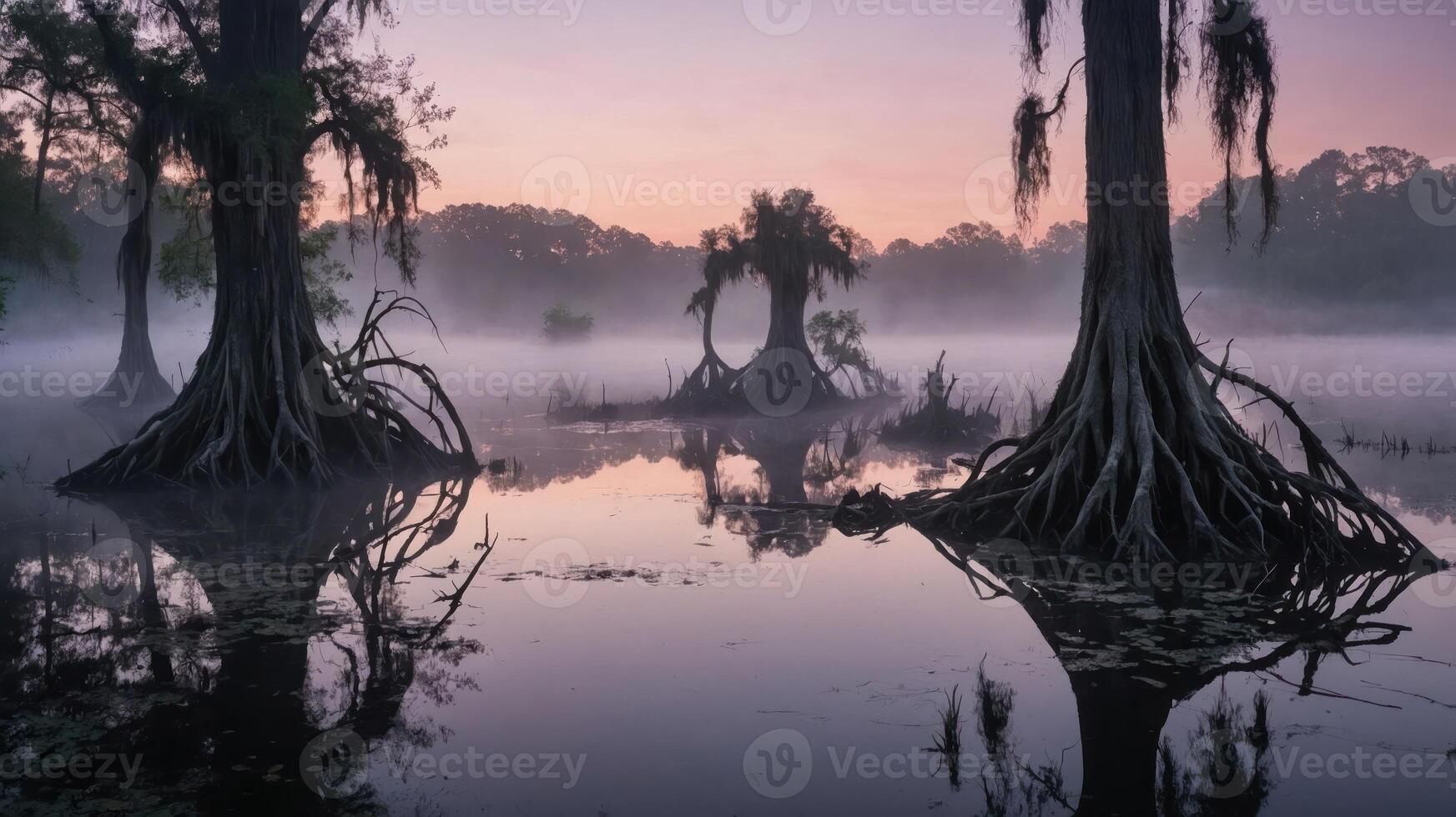 Serene swamp landscape at dawn with cypress trees reflected in calm waters. photo