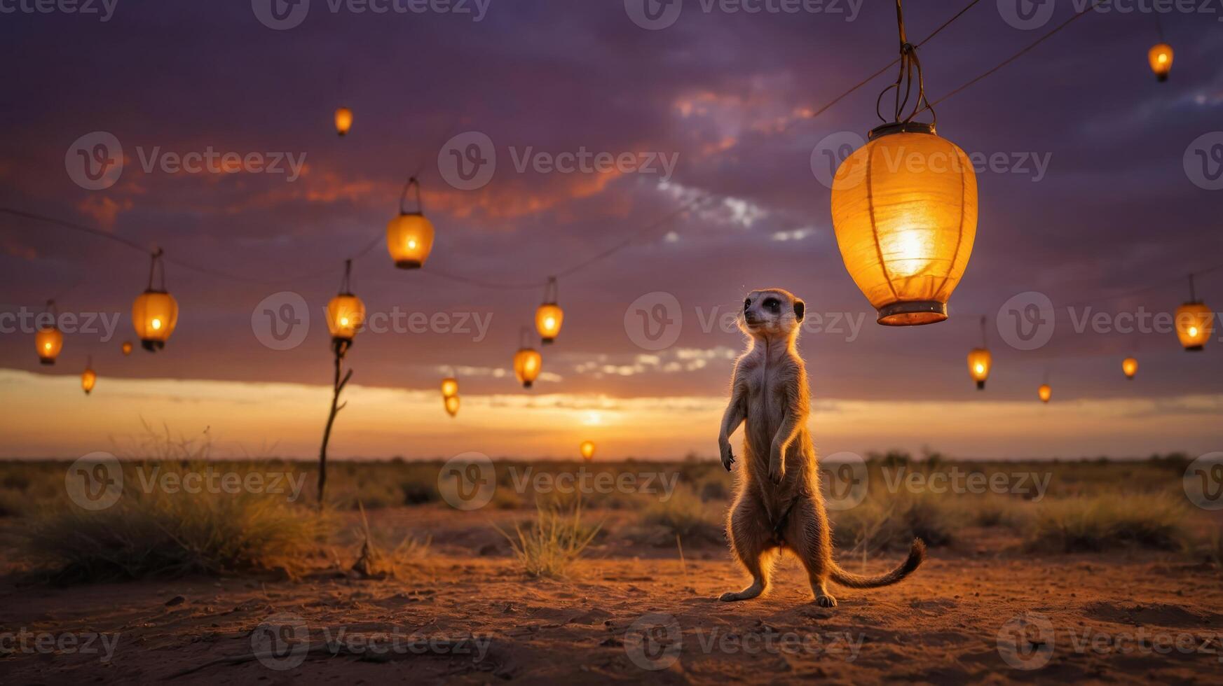 A meerkat stands under glowing lanterns at sunset in a serene desert landscape. photo