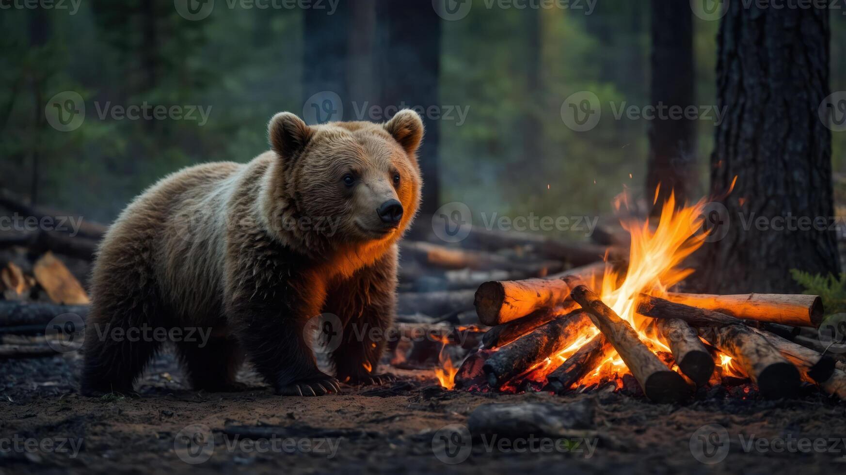 A bear stands near a campfire in a forest setting, surrounded by trees and logs. photo