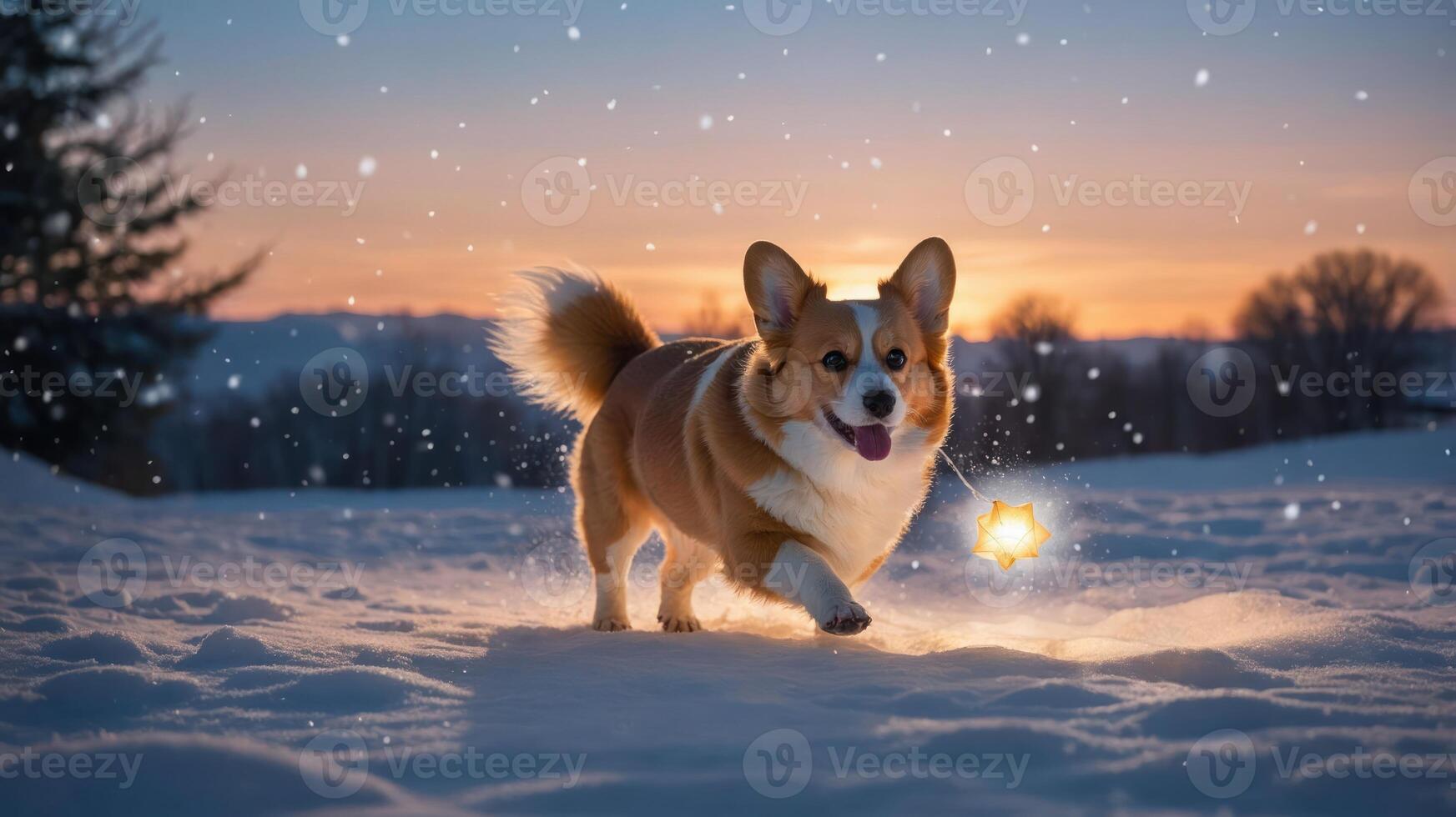 A playful corgi running through snowy terrain at sunset. photo