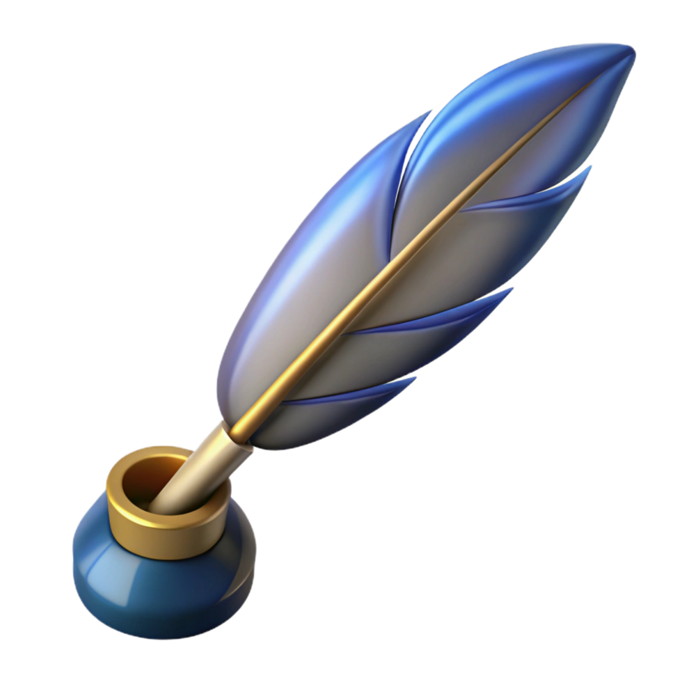 energetic majestic A single, stylized feather pen, quill dipped in ink. NO BACKGROUND with Transparent Background. ultra HD png