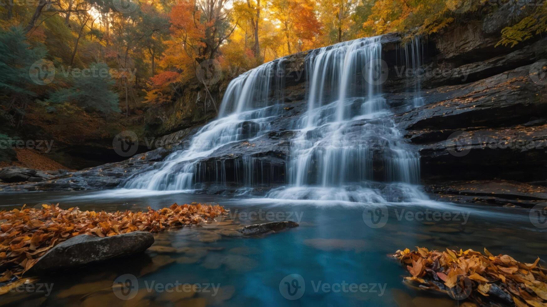 A serene waterfall surrounded by autumn foliage and a tranquil pool. photo
