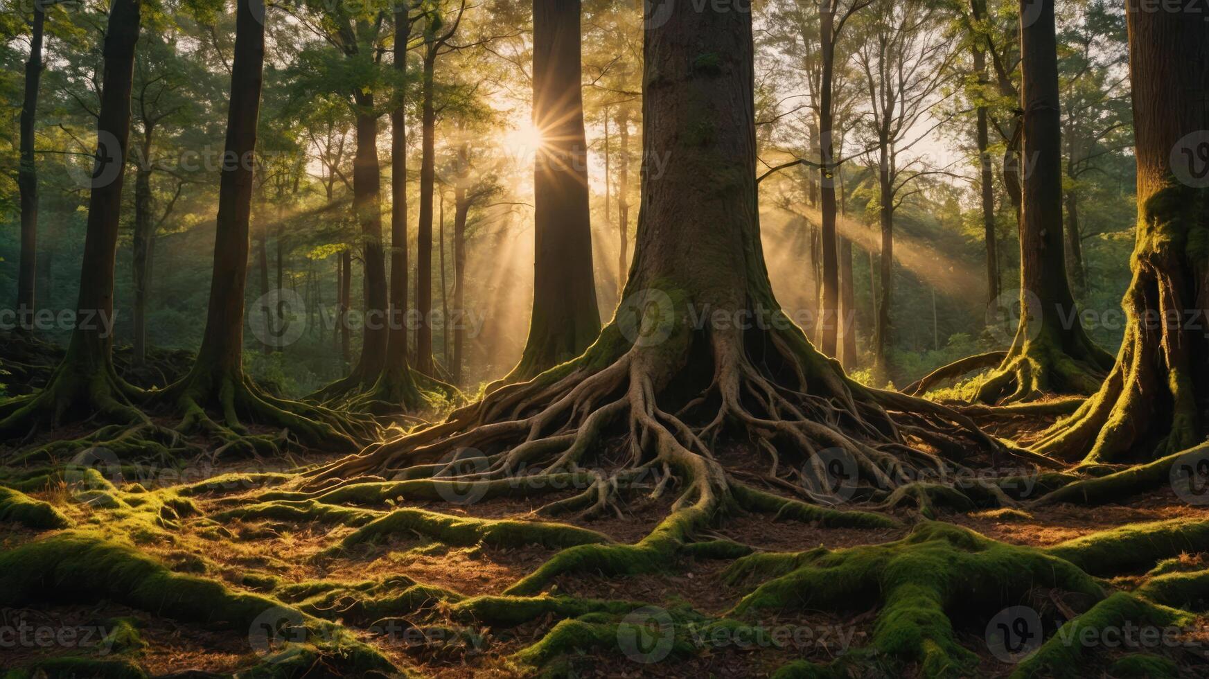 A serene forest scene with sunlight filtering through trees and highlighting roots and moss. photo