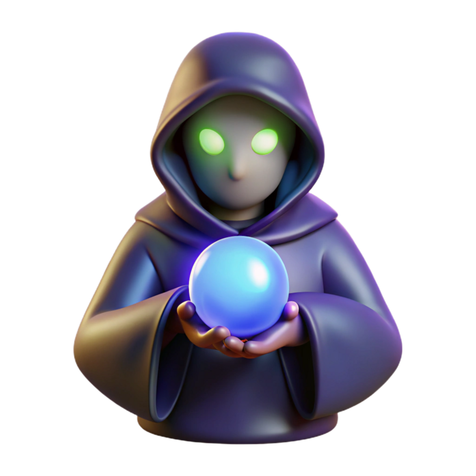 elegant quintessential A mysterious hooded figure, holding a glowing orb. NO BACKGROUND with Transparent Background. png