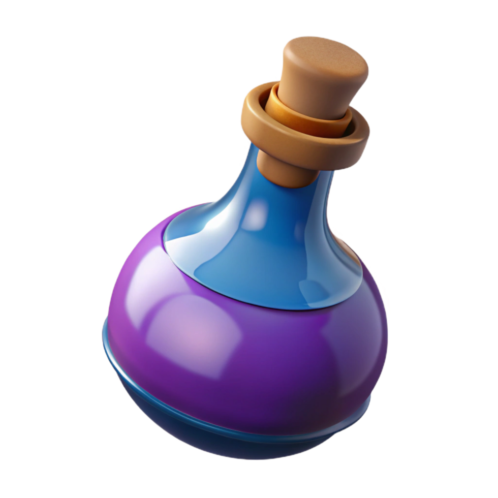 enchanting quintessential A single, stylized potion bottle, corked and labeled. NO BACKGROUND with Transparent Background. png